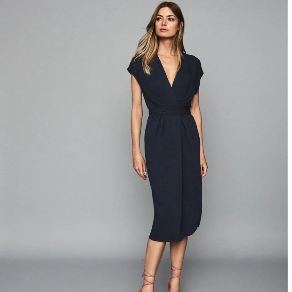NWT US 10 Reiss Maxime Wrap Front Slim Fit Dress NAVY BLUE